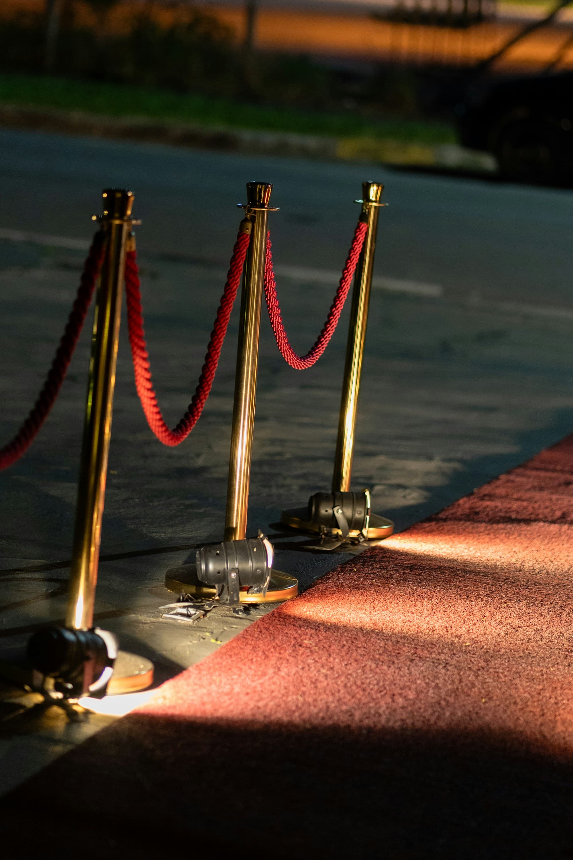 A red carpet lined with golden stanchions, ready for arrivals